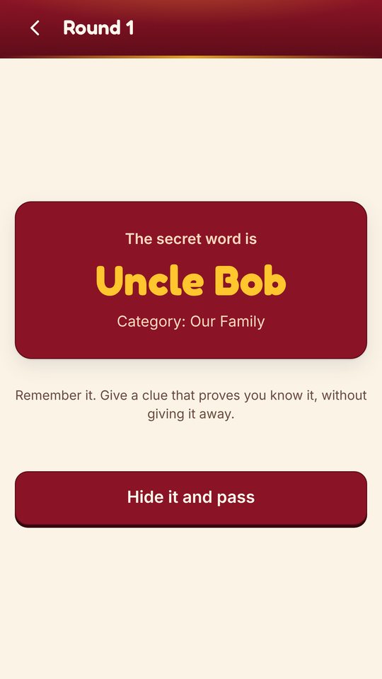 A player privately sees the secret word, Uncle Bob, in the Our Family category.