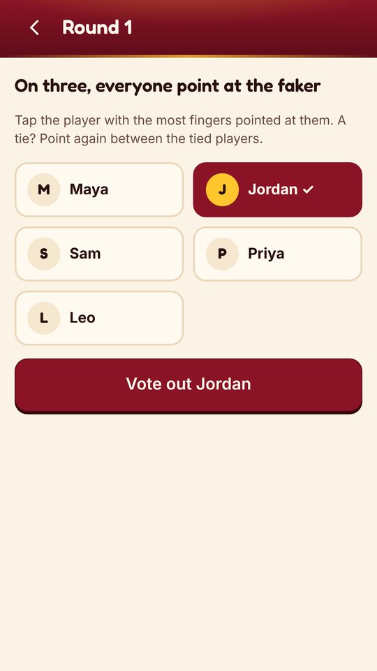 The vote screen: tap the player with the most fingers pointed at them.