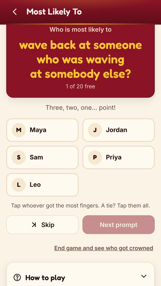 A Most Likely To prompt with the players' names to tap.