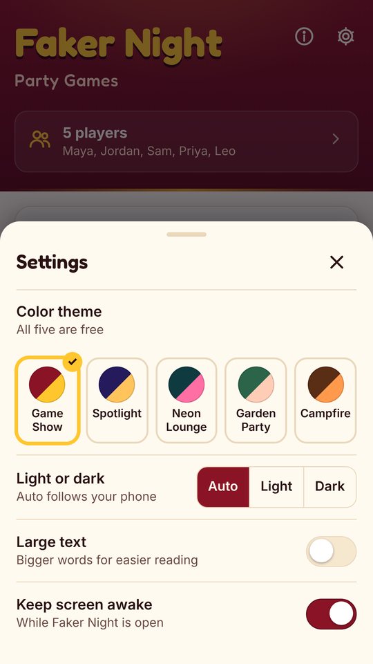 Settings with five color themes, light or dark, large text and keep screen awake.