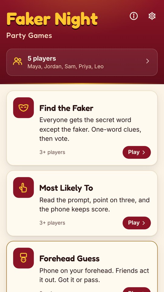 The Faker Night home screen with three games: Find the Faker, Most Likely To and Forehead Guess.