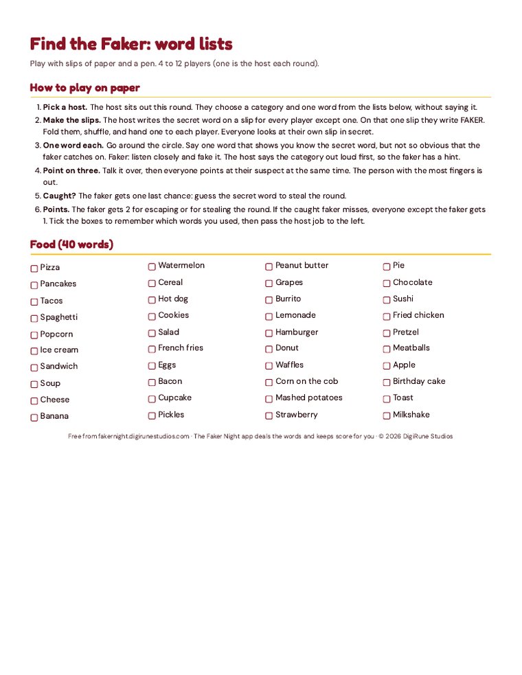 Preview of the free printable Find the Faker word lists and paper rules