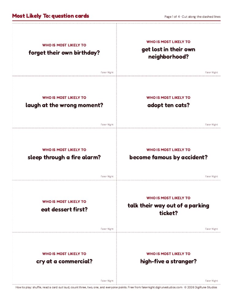 Preview of the free printable Most Likely To question cards